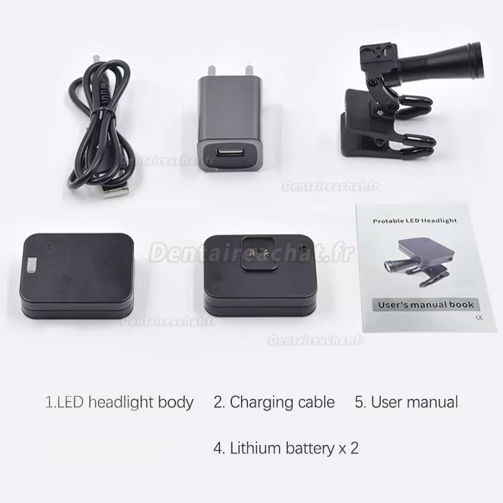 Lampe frontale dentaire LED sans fil 5W à clipser avec 2 piles magnétiques, 60 000 lumens